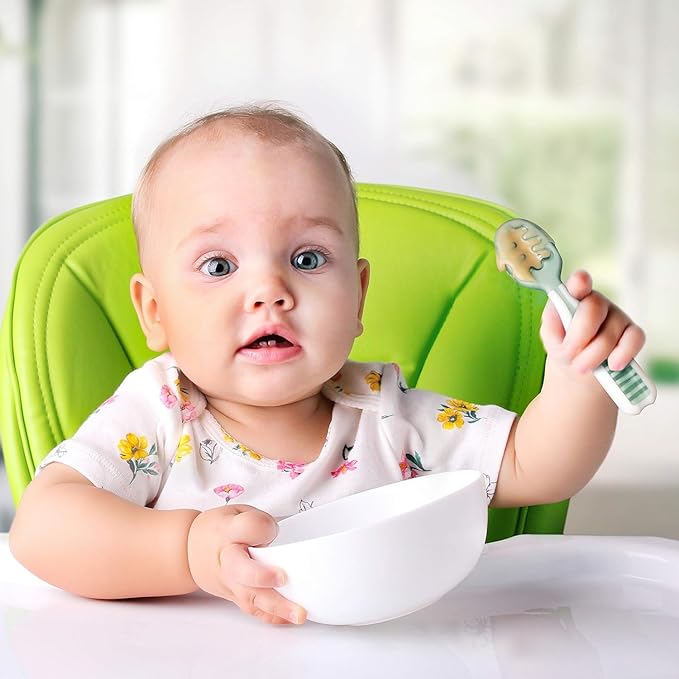 NumNum Baby Spoons Set, Baby Essentials Pre-Spoon GOOtensils for 6+ Months, First Stage Self-Feeding Spoons for Baby Led Weaning (BLW), Silicone Toddler Utensils, BPA-Free, 2 Pack Blue/Orange