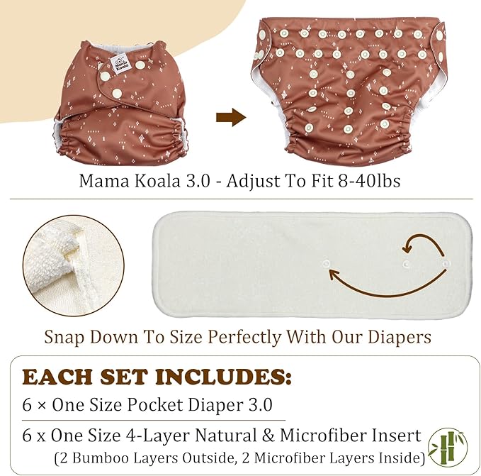 Mama Koala 3.0 Pocket Cloth Diapers for Babies with AWJ Lining, 6 Pack with 6 4-Layer Natural Cloth Diaper Inserts - Reusable and Washable Pocket Diapers(Hardworking Bees)