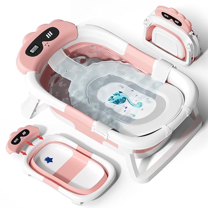 AVIDOR Baby Bathtub,Collapsible Bathtub for Newborn to Toddler,Durable Essential Infant Bath Tub,Portable Travel Baby Tub with Soft Bath Net,No-Slip Feet and Dinosaur Shaped (Pink)