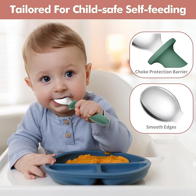 DRKIO 8 PCS Toddler Spoons Set - Baby Spoons with Silicone Handle Children safe 18/8 Stainless Steel Toddler Utensils Set for Self Feeding Kids Silverware Anti-Choke Design Food Grade Dishwasher Safe