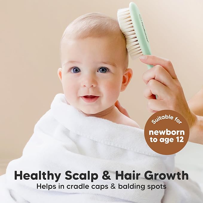 Wooden Baby Hair Brush - Cradle Cap Baby Brush with Soft Goat Bristles, Perfect Gentle Scalp Newborn Comb for Infant, Girls, Boys, Bath Essentials (Sage, Oval)