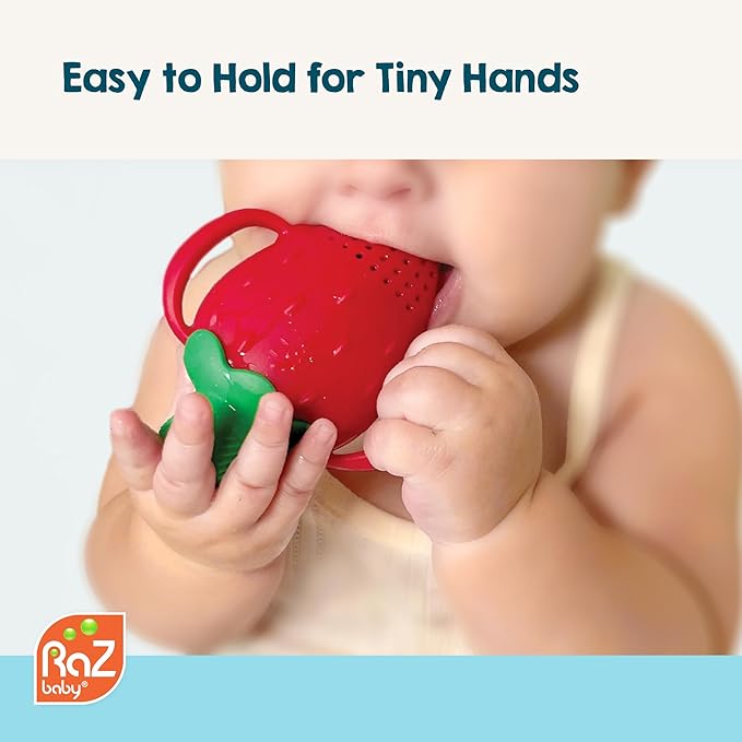 RaZbaby Fruitique Fruit Feeder One-Piece Baby – Larger Opening for Refilling & Fits More Fresh/Frozen Fruit for Teething Relief, Easy to Hold, Safer Design, BPA-Free, Dishwasher Safe - Strawberry