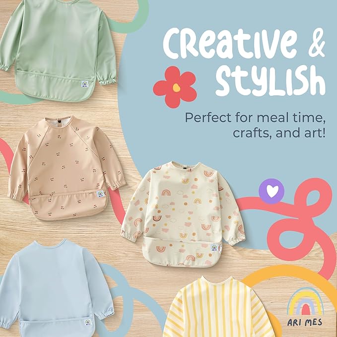 ARI MES Long Sleeves Waterproof Baby Bibs for Eating - Pink, Medium- Wearable, Coverall for Toddler, Long Sleeve Bib, Smock Apron for Feeding - Applicable for 6-72 Months
