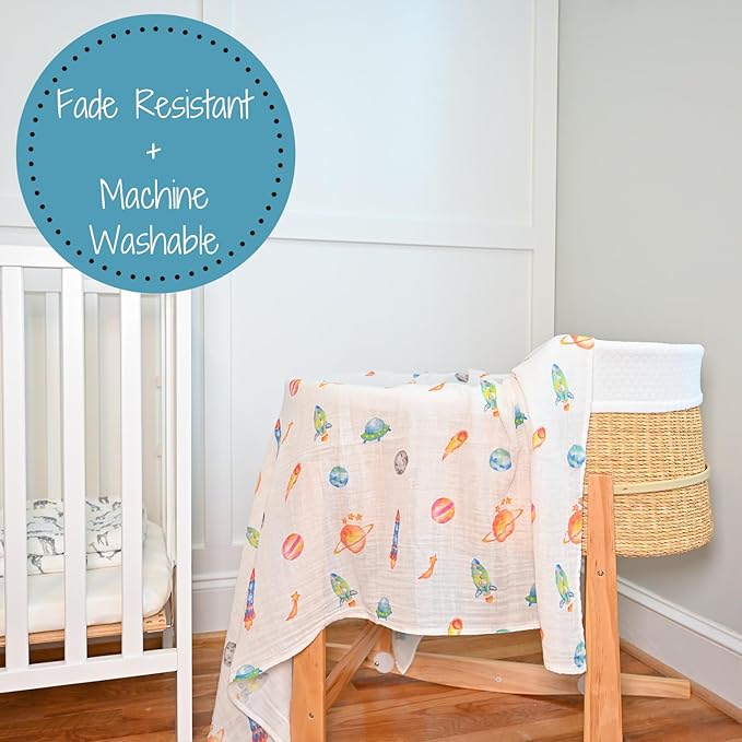 LollyBanks Swaddle Blanket, 100% Cotton Baby Blanket, Soft Muslin Swaddle Blanket 47 x 47 Inches, Neutral Baby Blanket for Boys and Girls, Baby Essentials, Registry (Space Print, Universe)