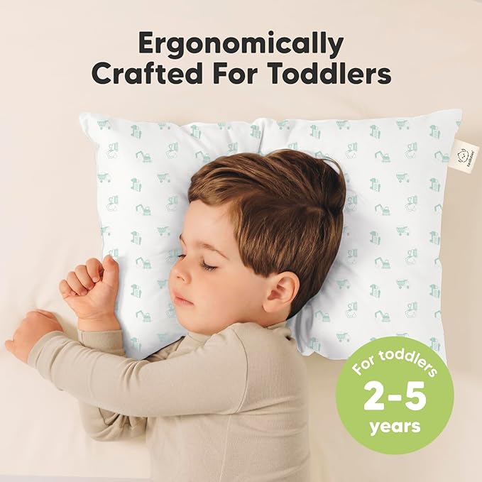 KeaBabies 2-Pack Toddler Pillow 13x18 - Soft Organic Cotton Kids Travel Bed Pillows for Sleeping, School, Nap, Machine Washable, Toddlers 2 to 5, Pillowcase Sold Separately (Excavator)