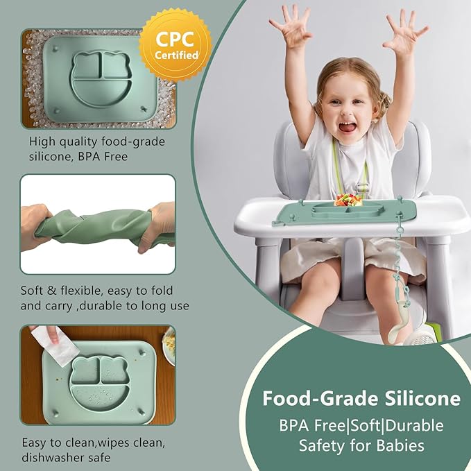 1 Pack Silicone Mat for Babies, Baby Placemat Built-in Suction Base and Equipped 4 Toy Straps & Anti-Peel Design, Activity Mat for Infants to Toddlers, Keeps Babies Essentials Off The Floor,Beige