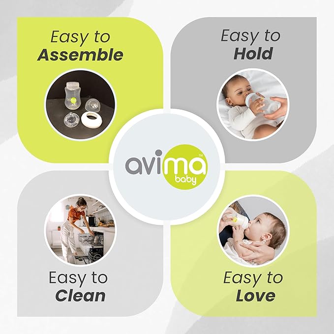 Avima Baby 9 oz Anti Colic Baby Bottles for Breastfed Babies - Medium Flow Nipples, Wide Neck Bottle, BPA Free - 3-6 Months, Stage 2 (Set of 3)