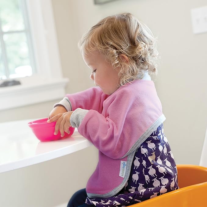 Kiddologic Bibit-all Baby Feeding Bib, Long Sleeves with Ribbed Cuffs and High Collar, Stretchy Pullover Smock, Soft Absorbent Terry, Waterproof Lining, Infant Girl 6-12 Months, Wild Orchid (Pink)