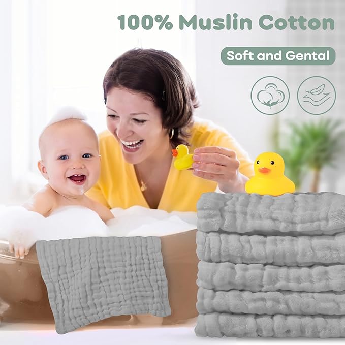 Yoofoss Muslin Baby Washcloths 100% Cotton Face Towels 10 Pack Wash Cloths for Baby 12x12in Soft and Absorbent Baby Wipes (Grey)