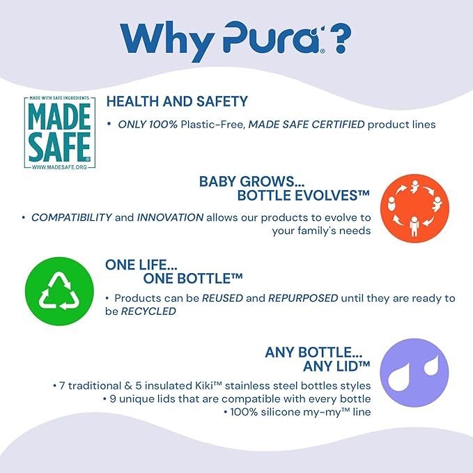 Pura Kiki 7oz Stainless Steel Insulated Infant Bottle – Includes Silicone Medium-Flow Nipple & Sleeve – Anti-Colic, Plastic-Free, MadeSafe Certified