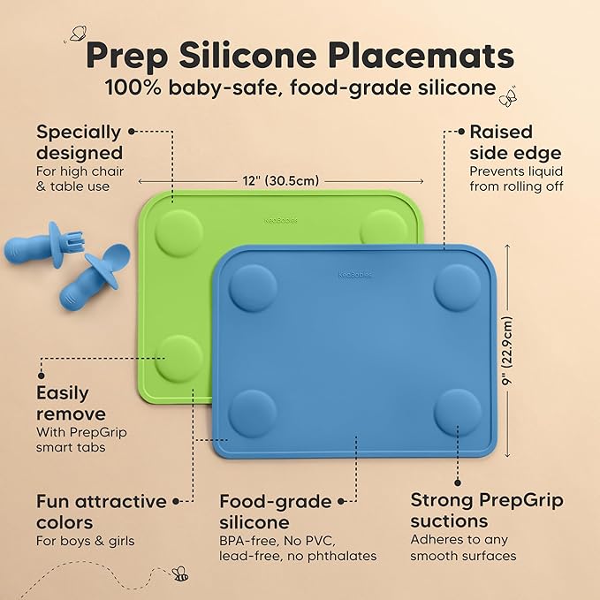 KeaBabies 2-Pack Silicone Placemats for Toddlers - 12x9 Non Slip Suction Baby Silicone Placemat for Kids Eating, Easy to Clean, Busy Travel Baby Mat for Dining Table, Food Grade/BPA-Free (Kea)