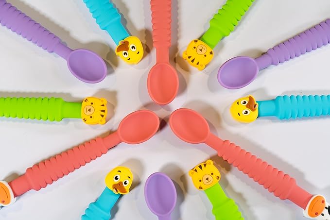 3-in-1 Silicone Baby Spoon Self Feeding 6+ Months - Pediatric OT Designed Teether Spoon, BPA Free Toddler Utensils, Mess-Free, Fun for Baby Led Weaning Supplies, Dog & Tiger