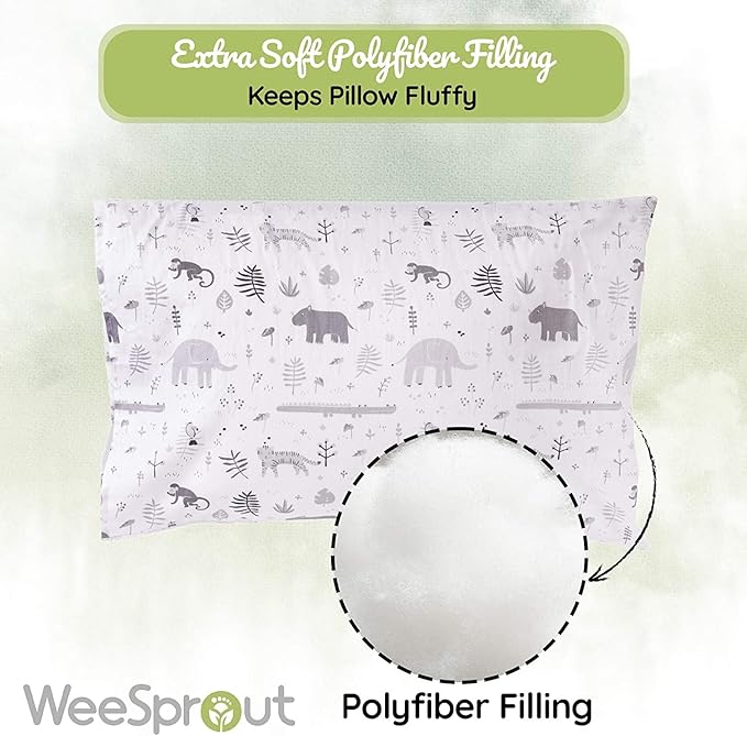 WeeSprout Toddler Polyester Organic Cotton Shell and Pillowcases, Small Kids Pillow, Soft and Supportive Polyfiber Filling, Machine Washable, 18 x 13 x 3 (White + Safari Print, 3 Piece Set)