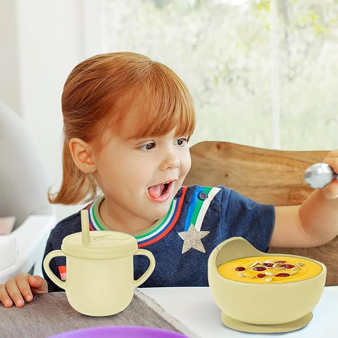 100% Silicone Baby Feeding Set,BPA Free Baby Dishes Set with Suction Bowl Divided Plate,Toddler Self Feeding Dish Set with Spoons Forks Sippy Cup and Bib, Baby Eating Utensils (Yellow)