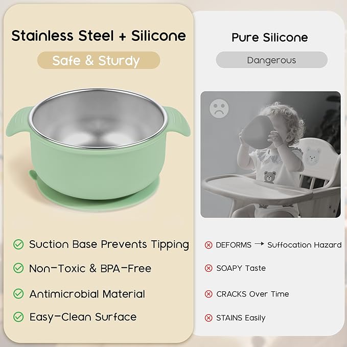 Bella’s Friends Stainless Steel and Silicone Baby Bowls with Suction 3 Pack, 4.3” for Toddlers Kids Feeding, Non-Slip, Non-Toxic, Mess-Free, Dishwasher Safe, Fit High Chair Size, light pink beige pink