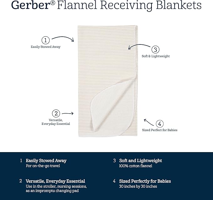 Gerber Unisex Baby 100% Cotton Flannel Receiving Blankets 30x30 Inches (Pack of 4), Dino Time, One Size