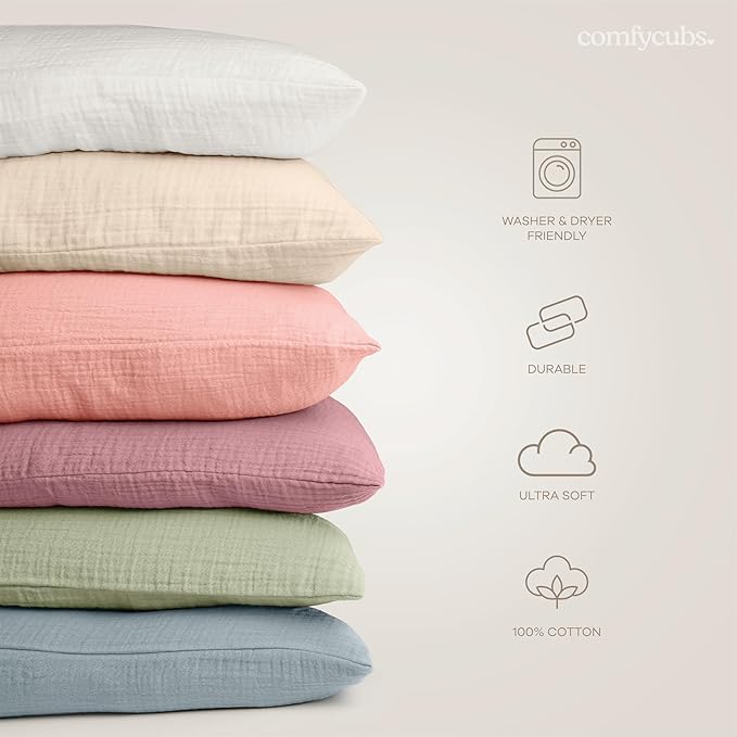 Comfy Cubs Toddler Pillow with Muslin Pillowcase, 13 x 18 in - Travel and Sleep Support for Kids - Lightweight, Breathable Microfiber Fill - Soft and Cozy Small Pillow for Toddlers - Mauve