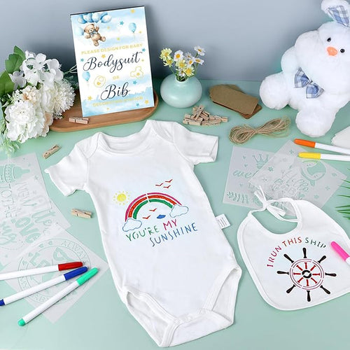 151 Pcs Baby Shower Game Decorations Kit with Bibs, Bodysuits, Wooden Sign & Fabric Markers (BlueBear)