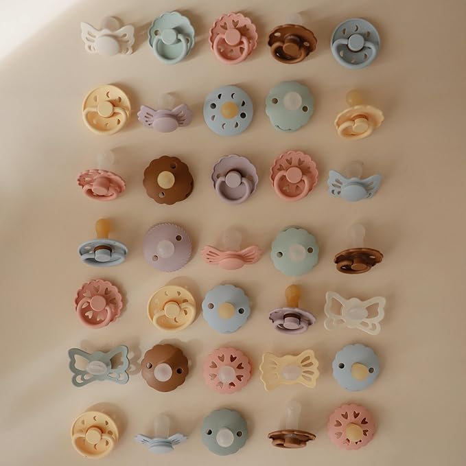 FRIGG Lucky Symmetrical SilkySoft Silicone Baby Pacifier | Made in Denmark | BPA-Free (Pretty in Peach/Primrose, 6-18 Months)