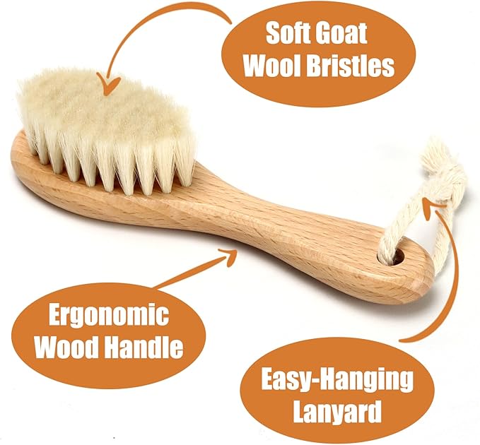 Wooden Soft Goat Bristles Brush with Baby Silicone Hair Scrubber Cradle Cap Brush for Newborn, Toddler, Infant, Baby Hair Care Kit (White)