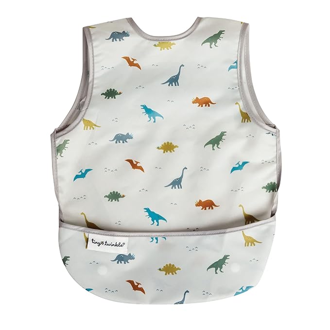 Tiny Twinkle Short Sleeve Apron Baby & Toddler Bib for Boys – Waterproof, Mess-Proof Bibs for Eating & Feeding, Machine Washable, Perfect Holiday Gift (Dinosaur, 6–24M)