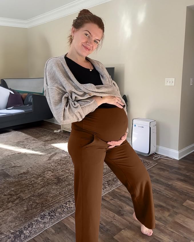 G4Free Maternity Pants Over The Belly Yoga Dress Work Pregnancy Pants Stretchy Lounge Wide Leg Trousers with Pockets