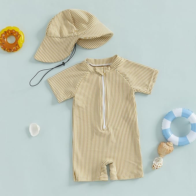Toddler Baby Boys Seersucker Short Sleeve One Piece Rash Guard Swimsuit Zipper Bathing Suit Swimwear with Hat