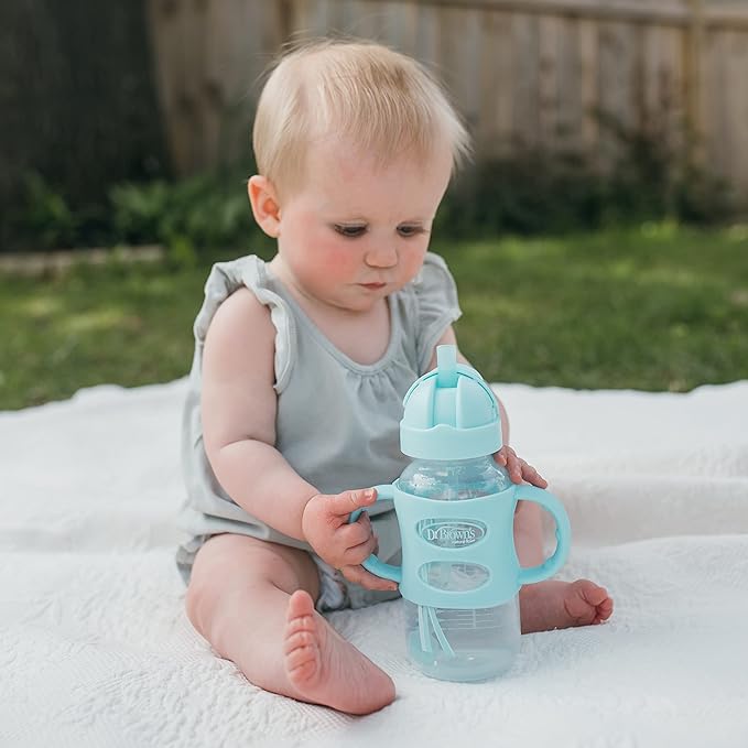 Dr. Brown's Milestones Wide-Neck Sippy Straw Bottle with 100% Silicone Handles and Weighted Straw, 9 oz/270 mL, Gray & Green, 6m+