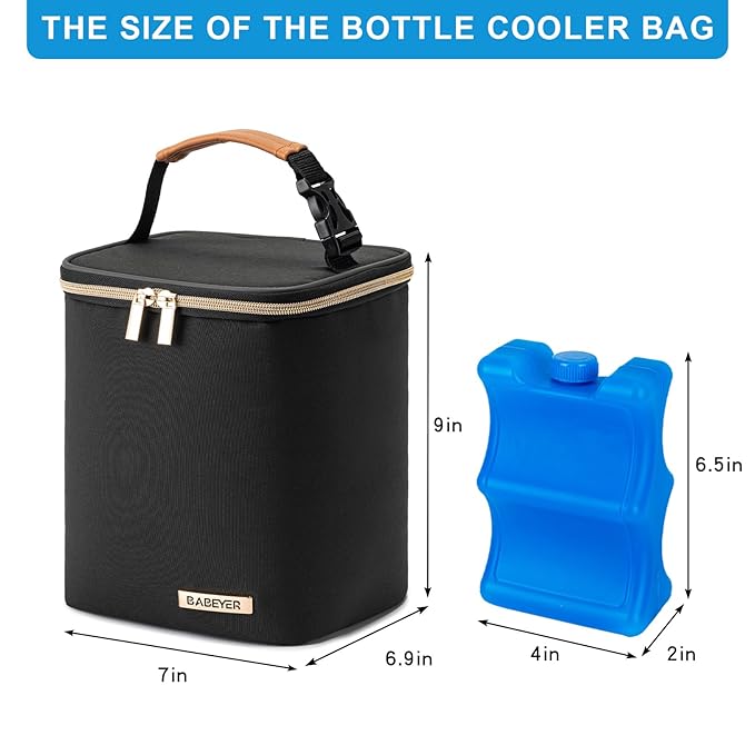 Breastmilk Cooler Bag with Ice Pack Fits 4 Baby Bottles Up to 9 Ounce, Baby Bottle Cooler Bag Suitable for Nursing Mom Daycare, Black