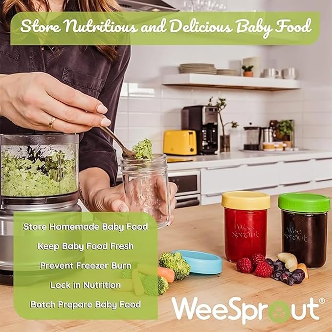 WeeSprout Glass Baby Food Storage Jars w/ Lids (4/8 oz, 12 Pack Set) Snack, Reusable Small Containers, Breast Milk, Fridge, Freezer, Microwave & Dishwasher Safe, Essential Must Have for Infants