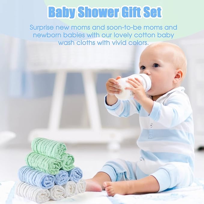MUKIN Muslin Washcloths - Soft Face Cloths for Newborn, Absorbent Bath Face Towels, Wipes, Burp Cloths, Baby Registry as Shower. Pack of 10 (Green,Blue,White)