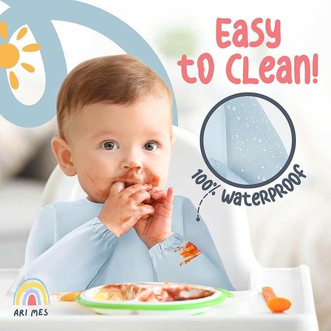 ARI MES Long Sleeves Waterproof Baby Bibs for Eating - Pink Stripes, Large- Wearable, Coverall for Toddler, Long Sleeve Bib, Smock Apron for Feeding - Applicable for 6-72 Months