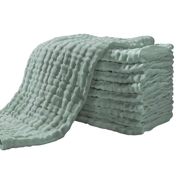 Yoofoss Muslin Burp Cloths for Baby 10 Pack 100% Organic Cotton Baby Washcloths for Boys Girls Large 20''X10'' Super Soft and Absorbent Dark Green