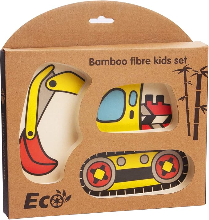 Toddler Plates Dinnerware Dinner Dish Set Baby Feeding Spill Proof Divided Plate - Baby Spoon and Fork 3-Piece Set Teaches Child Portion Control (excavator/bulldozer)