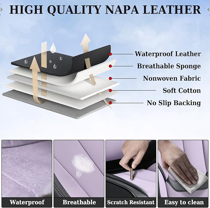 Coverado Universal Seat Covers Front, 2-Pack Universal Seat Covers for Cars, Waterproof Nappa Leather Car Seat Covers with Head Pillow, Auto Protectors Fit for Most Sedans SUV Truck-Black&Purple