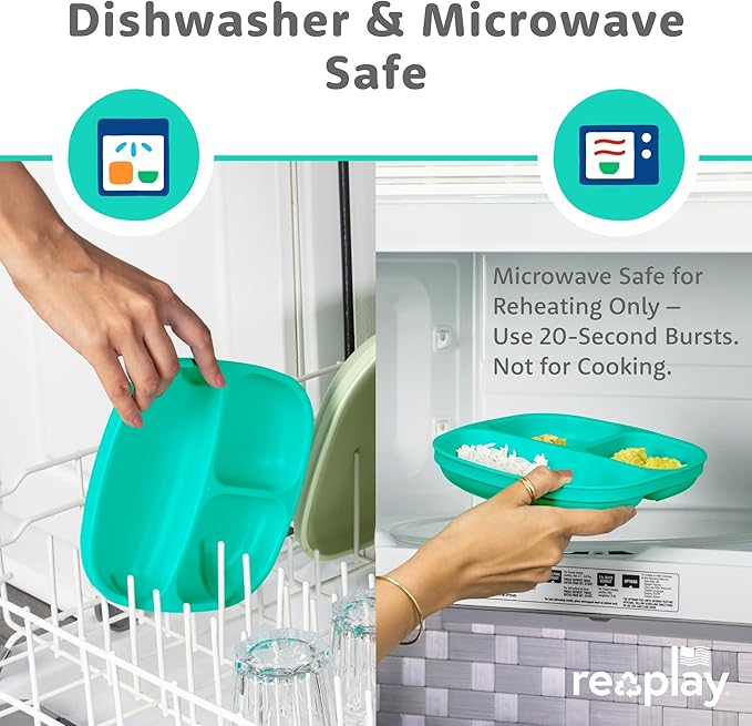 Re-Play Toddler Plates with Dividers - Deep-Walled 3 Compartments Divided Plates for Kids with 3 Lids - Dishwasher & Microwave Safe - Made in USA - Set of 3-7.37" x 7.37" x 1.25" - Mermaid