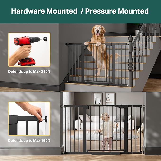 Cumbor 2 Pack 29.7"-51.5" Extra Wide Baby Gate for Stairs, Easy Wall Through Dog Gates for Doorways, Pressure Mounted Pet Gate Indoor, Safety Auto-Close Child Gate for Kids with 4 Wall Cups, Black