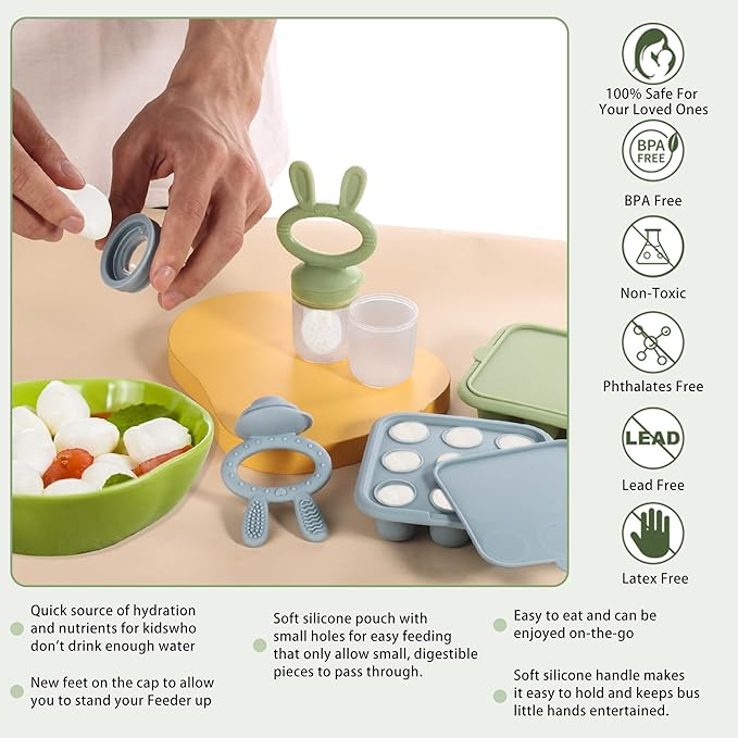 WAJIAYON Baby Breastmilk Popsicle Molds & Baby Fruit Feeder (2 Pack), Baby Food Freezer Tray Storage Containers, Silicone Teething Pacifier Feeder and Teether for Babies,Baby Feeder - Blue