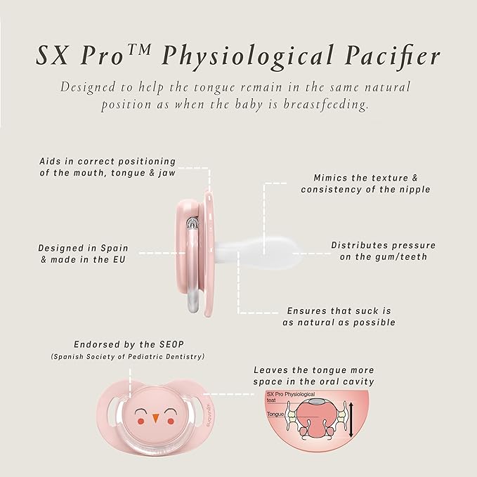 Suavinex Bonhomia SX PRO Physiological Pacifier, Supports Breastfeeding Babies, Pacifiers 6-18 Months, 2 Pack Baby Pacifier, Baby Accessories, (Pink/Beige)
