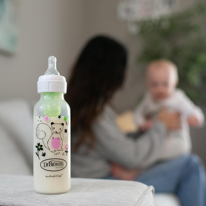 Dr. Brown's Natural Flow Anti-Colic Options+ Narrow Baby Bottle, Squirrel & Goat, 8 oz/250 mL, with Level 1 Slow Flow Nipple, BPA Free, 0m+, 2-Pack