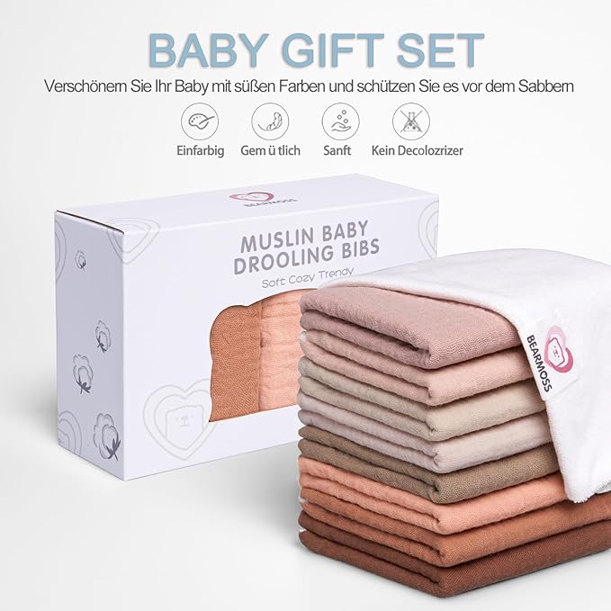 Bearmoss Muslin Baby Drooling Bibs 8 Pack, 100% Cotton Square Adjustable Bandana Bibs Gift for Baby Girls Boys Teething Drool