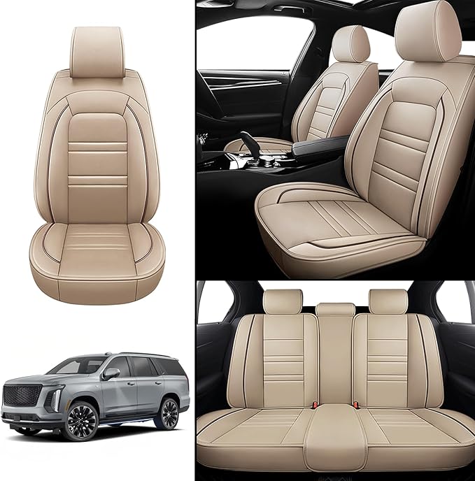 Seat Covers for Cadillac Escalade 2000-2025 | 5-Seats Leather Seat Covers, Easy to Install Automotive Seat Covers Full Set (Full Set, Beige)