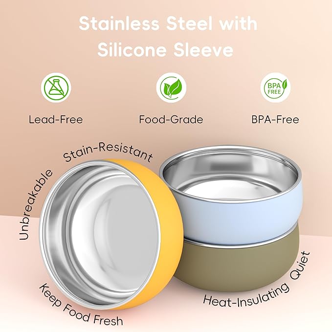 Bella's Friends Stainless Steel Baby Bowls with Silicone Sleeve 3 Pack, 4.3” for Toddlers Kids Feeding, Non-Slip, Non-Toxic, Mess-Free, Dishwasher Safe, Fit High Chair Size, blue yellow green