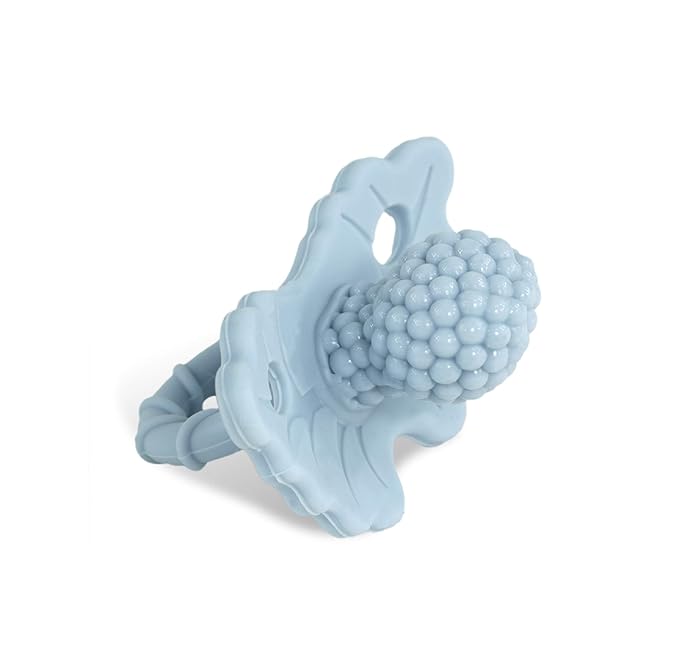 RaZbaby RaZberry Silicone Teether Pacifier – Teething Relief for Infants, Food-Grade, BPA-Free, Hands-Free Design, Natural Berrybumps Fruit Texture for Sensory Development, Freezable – Light Blue