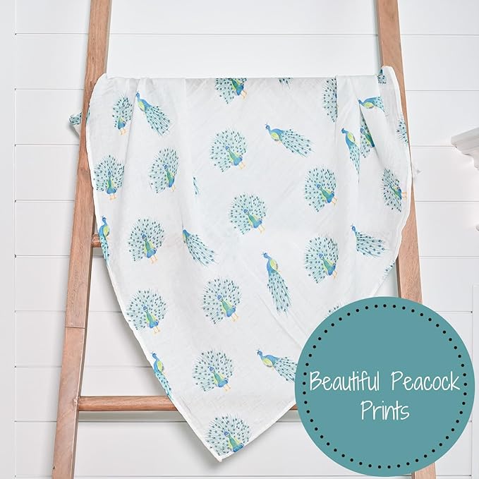 LollyBanks Baby Muslin Swaddle Blanket, Soft Baby Girl 47 x 47 Inches, Newborn Blanket for Girls, Registry (Peacock Print, Animal)