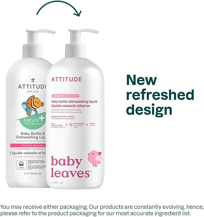ATTITUDE Baby Dish Soap and Bottle Cleaner, EWG Verified Dishwashing Liquid, No Added Dyes or Fragrances, Tough on Milk Residue and Grease, Vegan, Unscented, 33.8 Fl Oz
