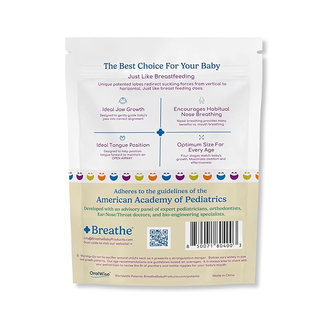 Breathe Baby Pacifier – Patented Design for Natural Oral & Facial Development - BPA-Free, Latex-Free, Pediatrician Developed - Dishwasher Safe 2 Pack (Stage 1: 0-3 Months)