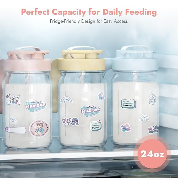Papablic Glass Breastmilk Pitcher, Formula Mixing Pitcher with Mixing Handle Lid, Wide Mouth Mason Jar Mixer with Flip Locking Spout, Easy to Clean, BPA Free, Pink