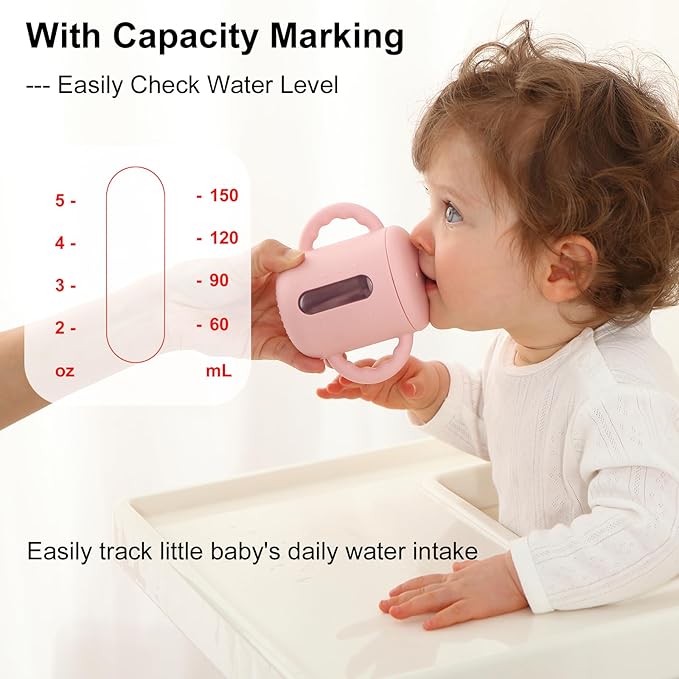 Seposeve 2 Pack Silicone Sippy Cups, Leak-Proof Baby Straw Cup for 6-12 Months, Spill Proof Toddler Cup with Straw 1-3 Years, with Capacity Marking, Non-slip Handle, Flow Control, 6 oz, Purple Pink