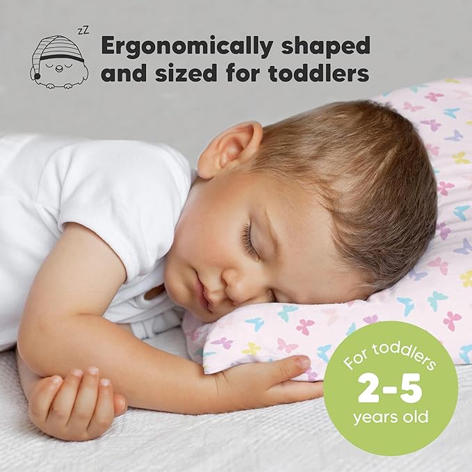 Toddler Pillow with Pillowcase - 13x18 My Little Dreamy Kids Travel Bed Pillows for Sleeping, Organic Cotton Small Pillowcase, Soft & Breathable, Machine Washable, Toddlers 2-5 Years Old (Flutter)
